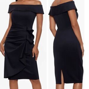 Xscape Off The Shoulder Scuba Dress Midi Sheath Black Women 14W Cocktail Party